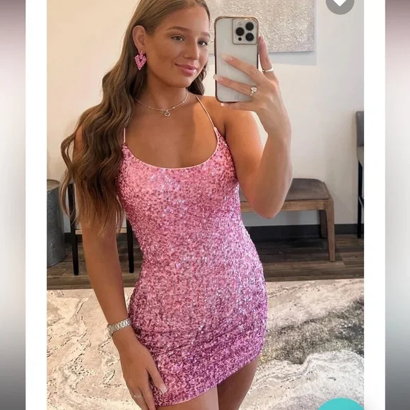 Pink sequined homecoming dress or banquet dress. - Picture 7 of 9